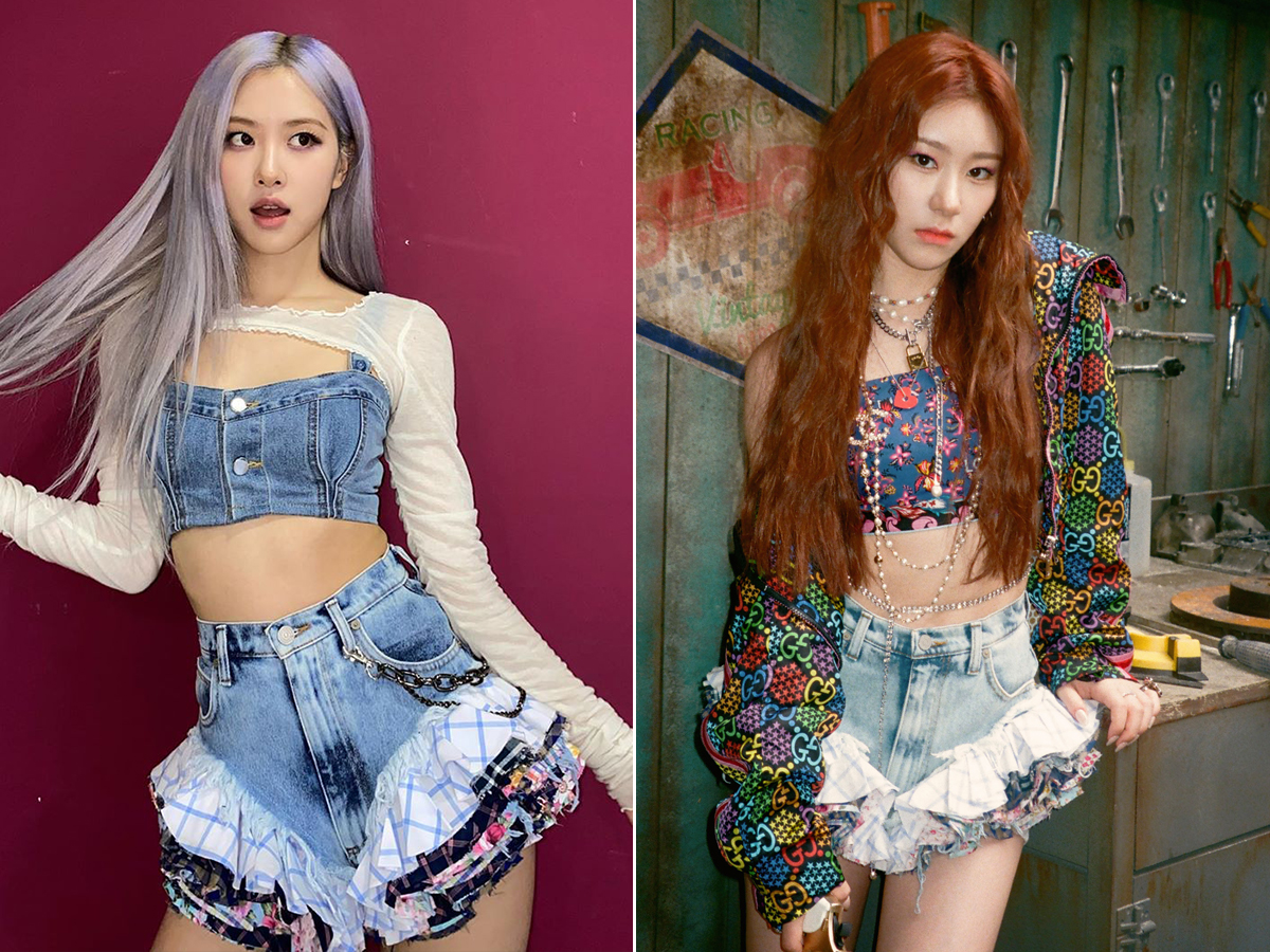 Rosé (trái) và Chaeryeong trong thiết kế short jeans nhún bèo lạ mắt. (Ảnh: @roses_are_rosie, JYP Entertainment)